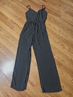 Black & White Striped Wide-Leg Jumpsuit with Spaghetti Straps